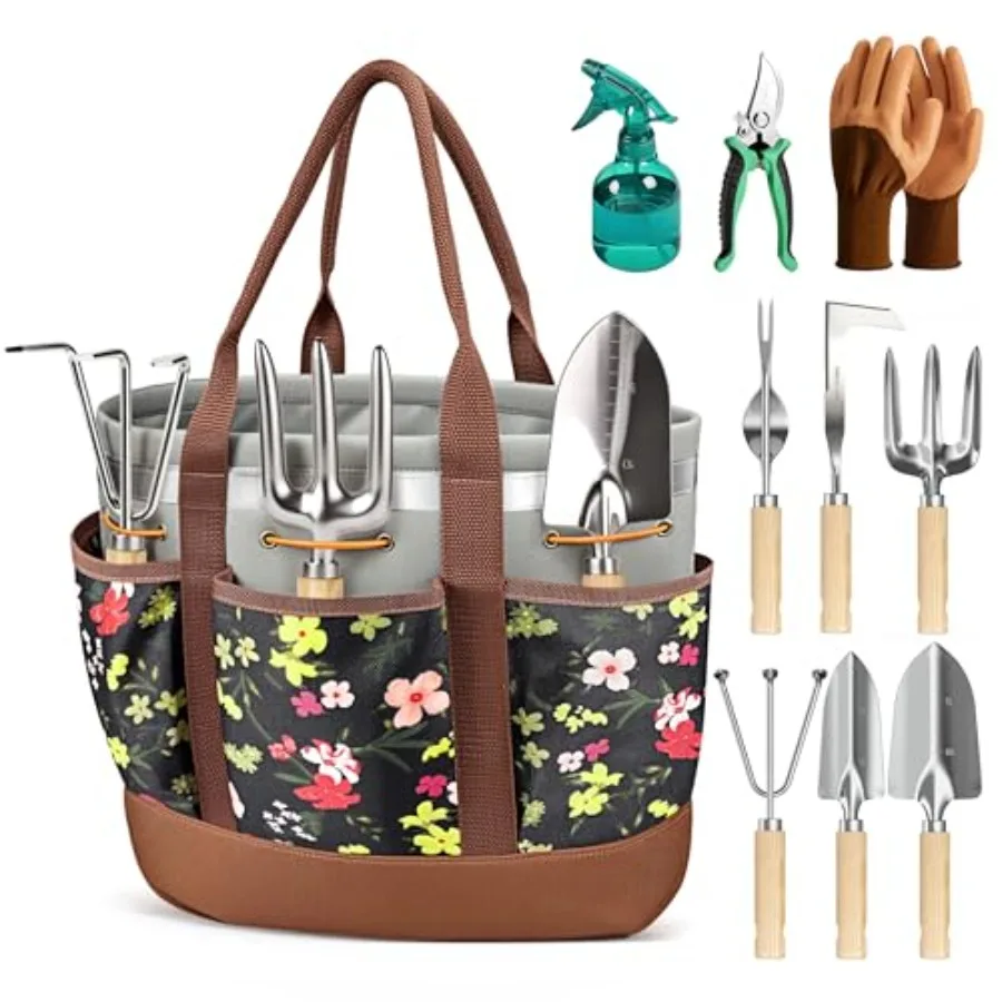 10-Piece Garden Tool Set, Heavy-Duty Stainl Steel Rust-Proof Gardening Tools with Ergonomic Wood Handles, Reinforced Organizer