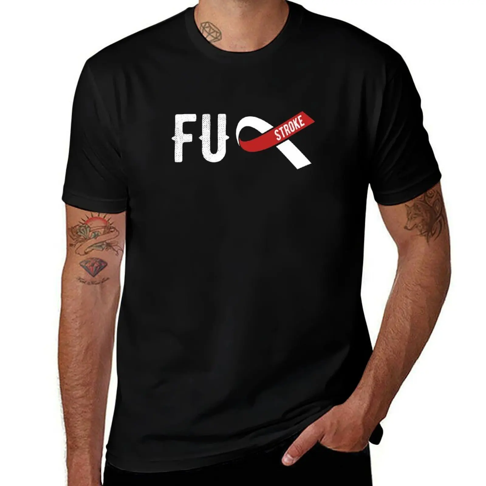 Stroke Awareness Red Ribbon Funny Text T-Shirt Holiday Party T-Shirt for Men