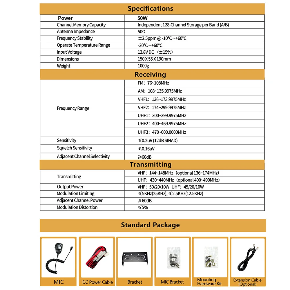 Anysecu AC-5880 50W Banda AM ad alta potenza Ricevi ricetrasmettitore da pannello staccabile Display HD 2.0 VHF UHF Radio mobile dual band
