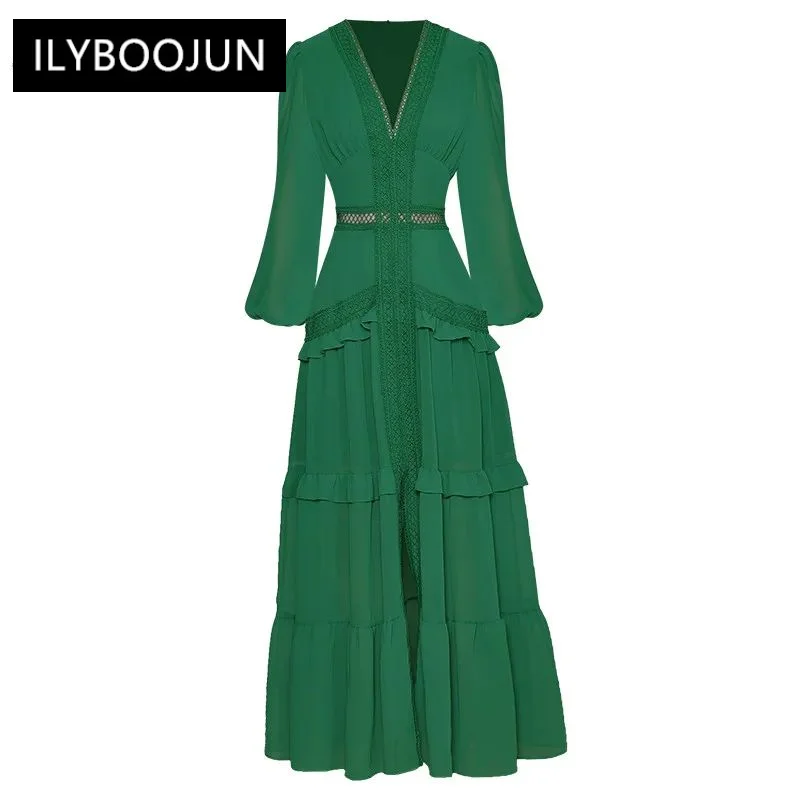 

dress Autumn Women's Dress V-Collar Lantern sleeve Hollow Ruffles Casual Green Maxi Dresses For Women 2023 Luxury Brand High