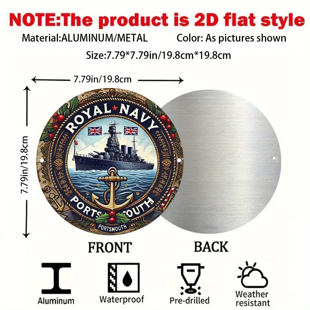 2D Flat Royal Navy Portsmouth Vintage Metal Tin Sign - 8x8 Inch Aluminum Wall Art with Detailed Submarine Illustration, Perfect