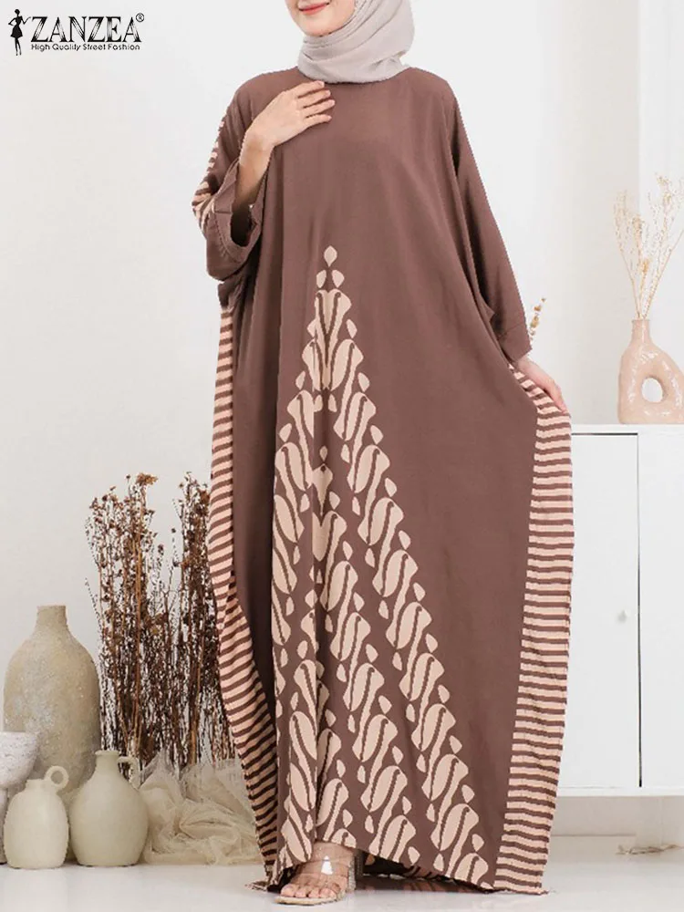 

2024 ZANZEA Dubai Long Dress Bohemain Muslim Abaya Turkey Hijab Sundress Oversize Robe Femme 3/4 Sleeve O Neck Printed Vestidos