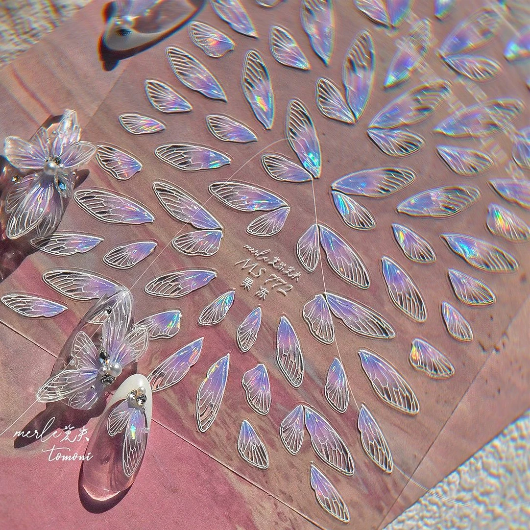 โปร่งใสสีชมพู Gradual Wing Feather Housefly ปีก Angel ดอกไม้ Star Jelly Rhinestones เงาเล็บสติ๊กเกอร์เล็บ Decals