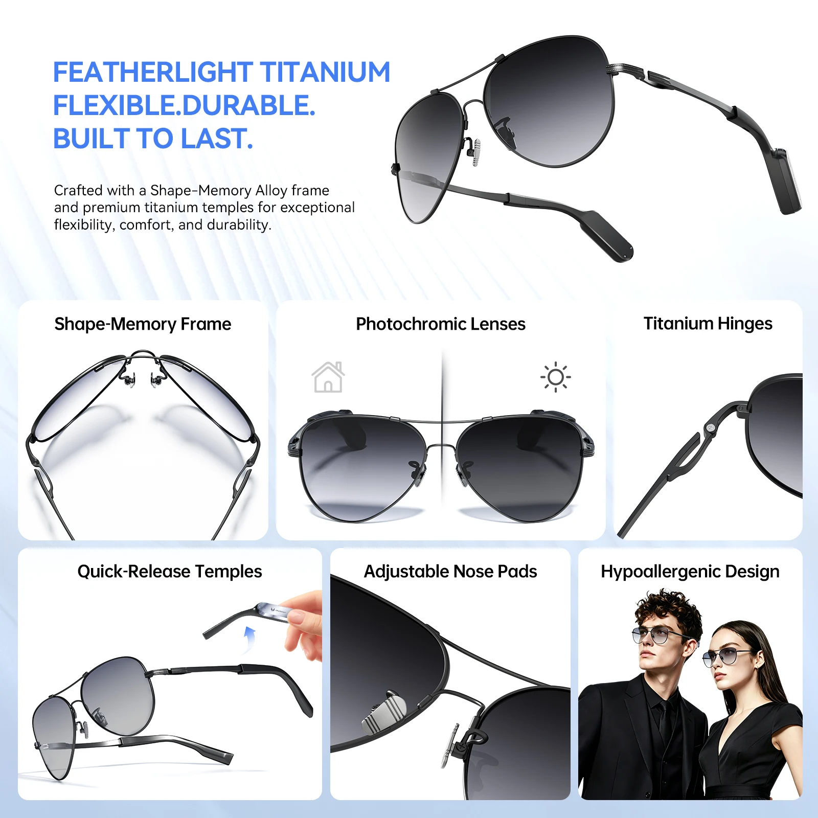 Headwolf AI Audio Glasses, AI Translation and Voice assistant. Built-in Titanium Memory Frame with Detachable Design