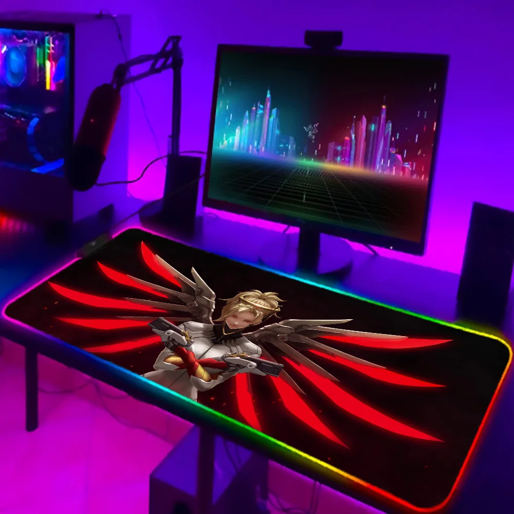 1pc Mercy Red Angel Overwatch XXL RGB Gaming Mouse Pads HD Black Gamer Accessories Large LED