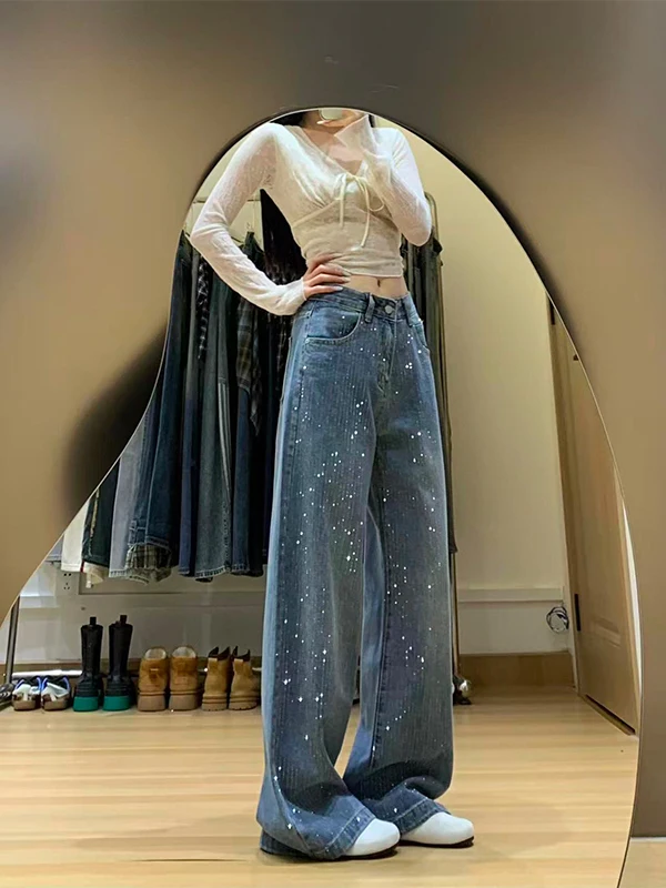 

High Waist Wide Leg Denim Jeans Women's plus Size Star Embellished Straight Cut Loose Fit Floor Length Pants Spring 2026
