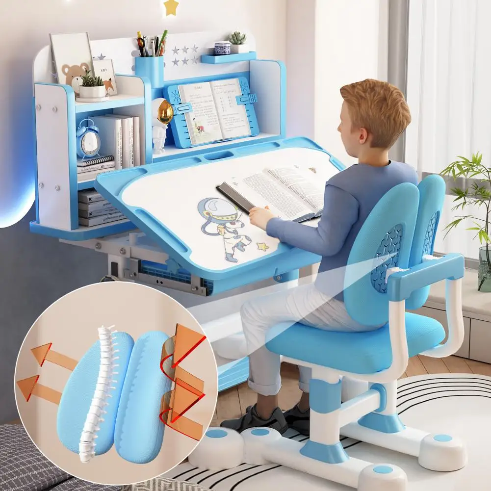 Ensemble bureau et chaise d'apprentissage bleu pour jeunes, ensemble bureau et chaises d'apprentissage pour jeunes à hauteur réglable, avec bibliothèque
