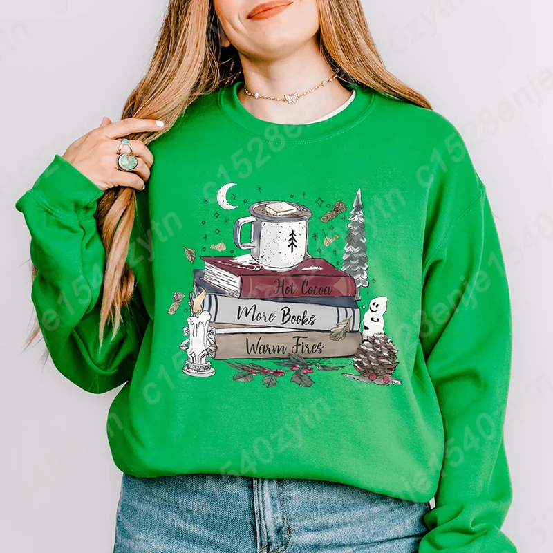 Christmas Book Hot Cocoa More Books Warm Fires Pullovers Women Autumn Winter Sweatshirts Ladies Solid Color Hoodless Sweatshirts