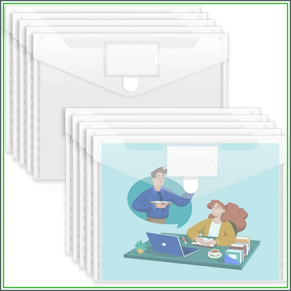 10 Pack Clear Plastic Envelopes, A4/Letter Size Waterproof File Folders with Label Pockets for Document Organization, Home School Office