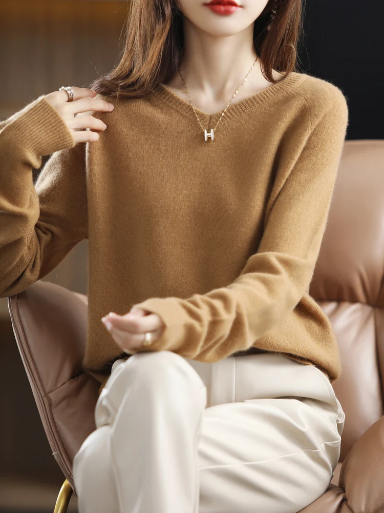 100% Pure Wool Lazy Wind Loose Large Size V-Neck Pullover Women\'s Spring And Autumn Casual All-Match Cashmere Sweater Sweater116