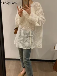 Chinese Style Blouses Women Clothing Oversized Tops Long Sleeve Tassel Shirts Fashion Summer Lace See Throught Camisas De Mujer