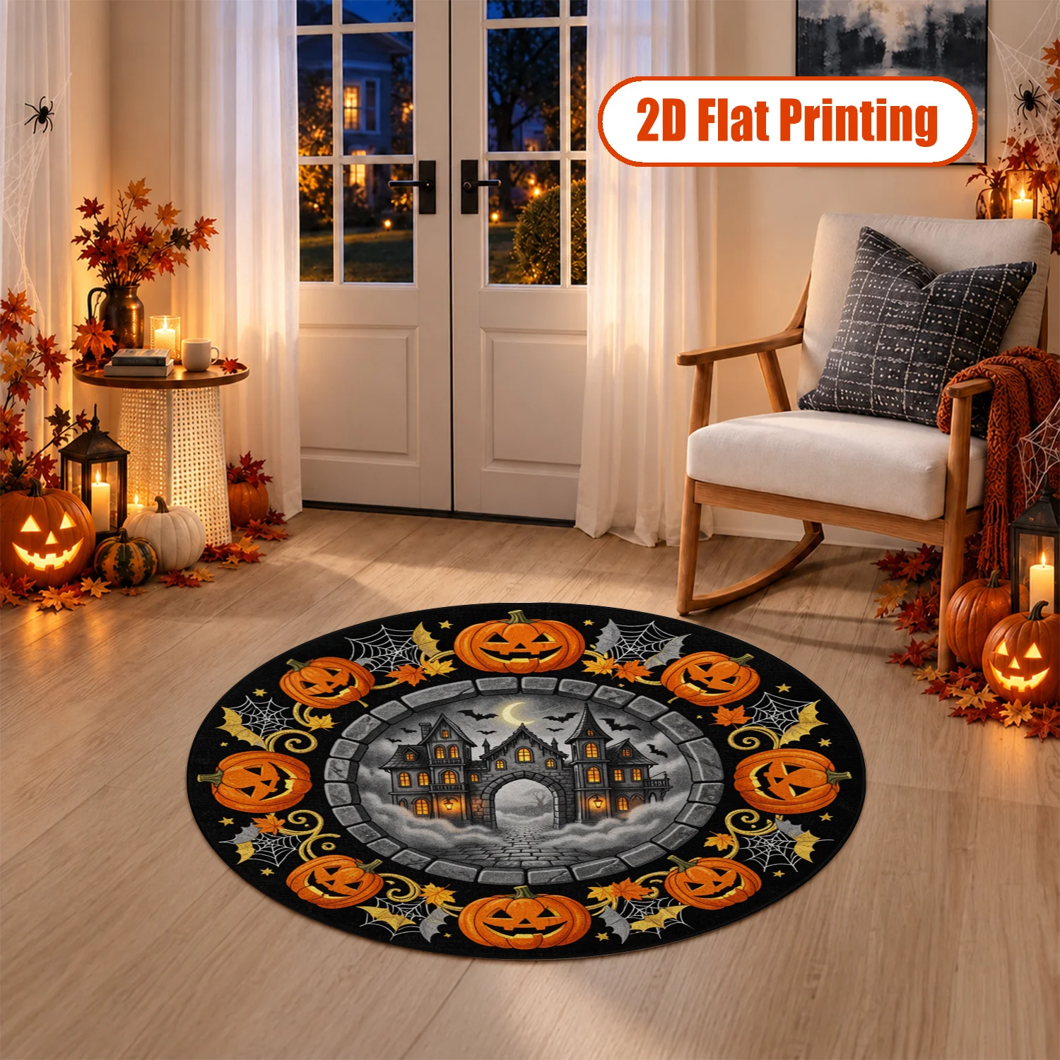 Halloween Pumpkin Haunted House Pattern Round Velvet Rug Machine Washable for Living Room Bedroom Entryway Dining Room Halloween Thanksgiving Christmas New Year Black Friday Cyber Monday