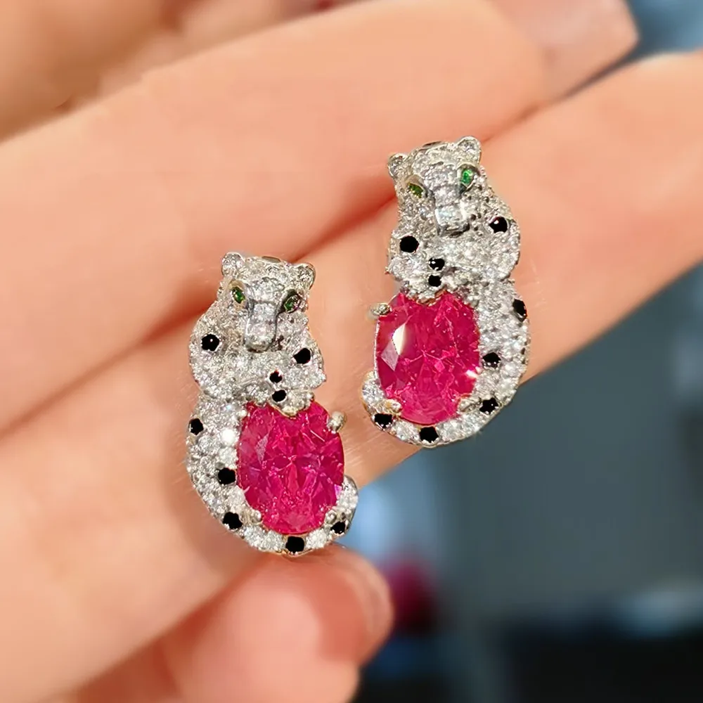 

Ladies' Exquisite Leopard Shape Red Ruby Gemstones Diamonds Stud Earrings White Gold Sterling Silver 925 Luxury Jewelry Woman