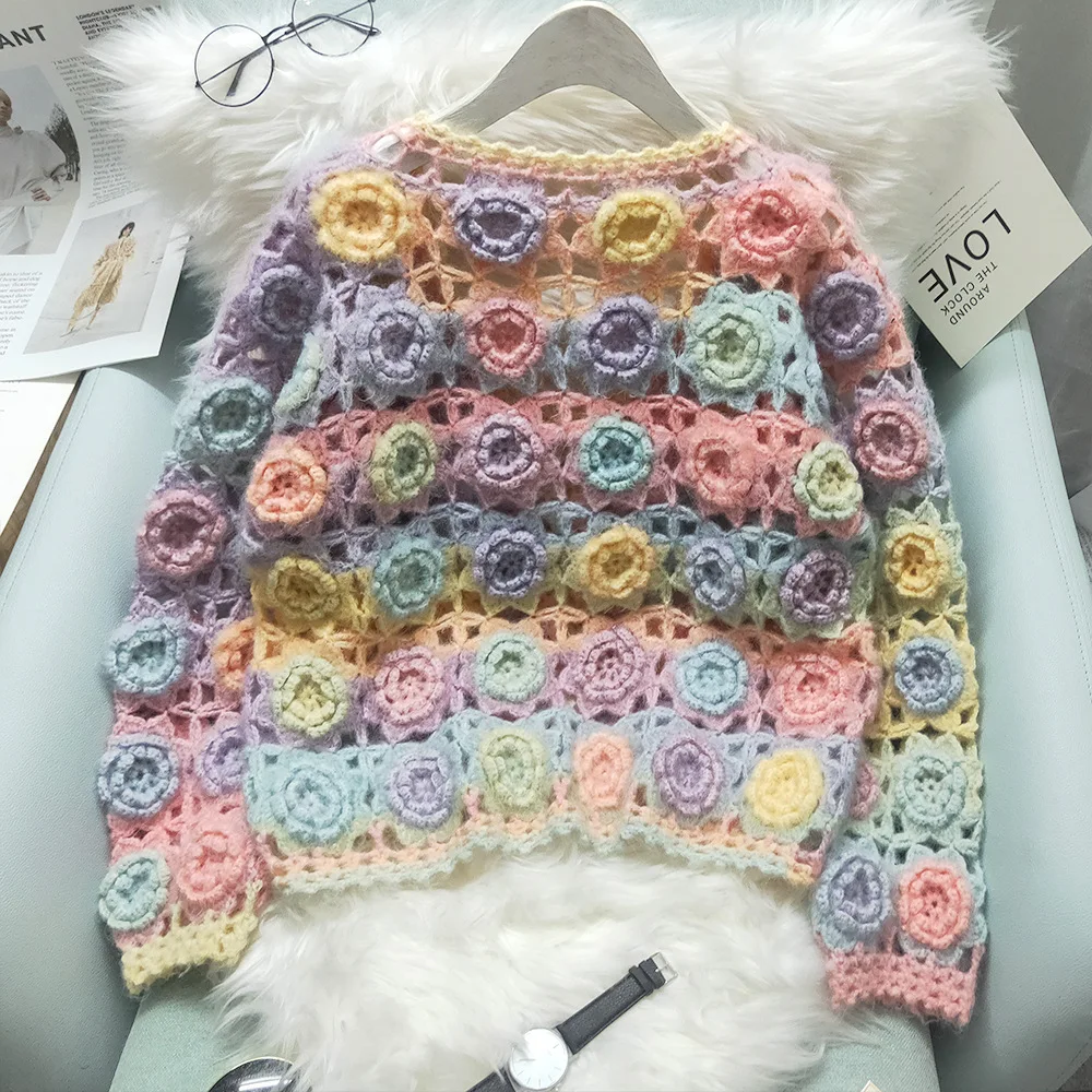 2023 Autumn Winter New Design Knitwear Heavy Industry Manual Rose Crocheted Hollow-out Knitted Cardigan Sweater Top Coat Women