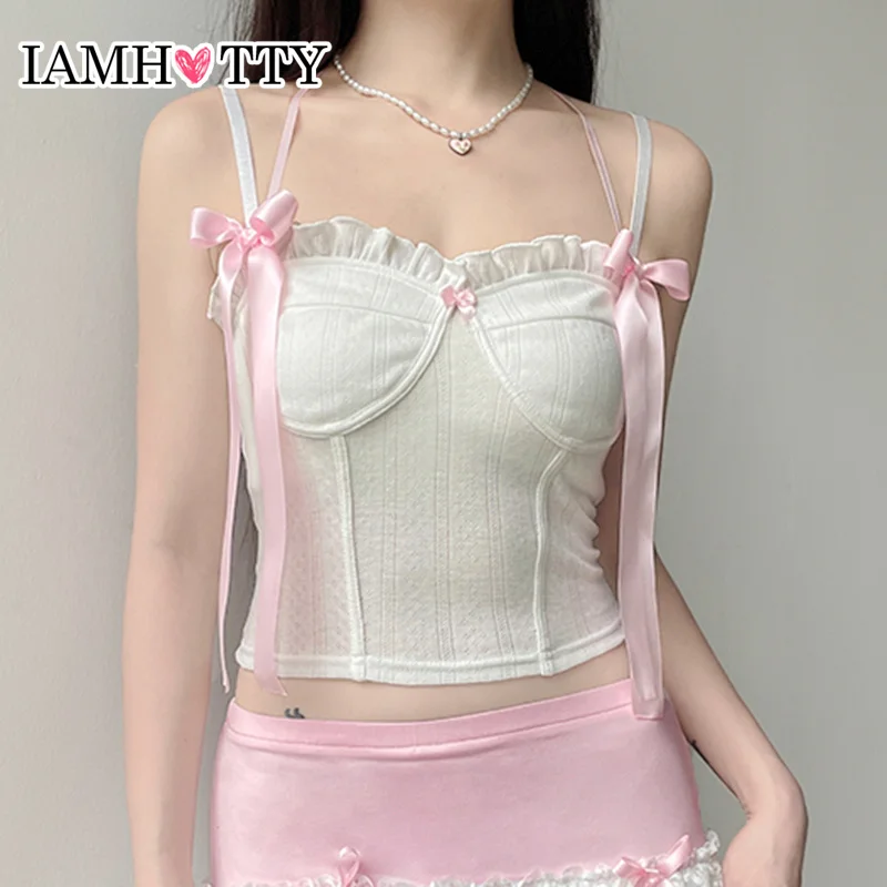 IAMHOTTY Kawaii Contrast Bow Corset Women Japanese Lolita Style Sleeveless Camis Y2K Coquette Aesthetic Ruched Cute Crop Tops