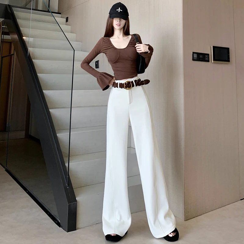 السيدات الصوفية السراويل واسعة الساق الخريف الشتاء Thiened Fce نسخة ضيقة السراويل ثنى السراويل الصوفية الناعمة عالية الخصر Z... #4