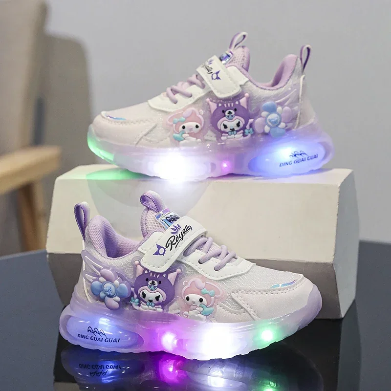 Casual Cute Girls Kuromi LED Shoes Kids Tennis Children Baby Luminous Tennis  Anime Sanrio Lighted Sport  Running Sneakers