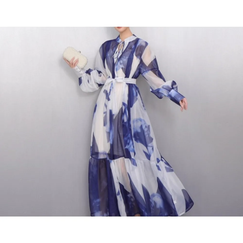 Vestido Sexy de manga larga con estampado dulce de malla, vestidos largos elegantes Vintage para fiesta de noche y Club para mujer, vestidos largos de playa de verano