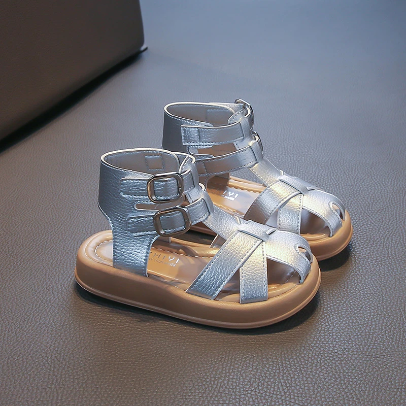 

Girls Roman Style Sandals Double Buckle Closure Breathable Soft Sole Casual Summer Footwear Beige Silver