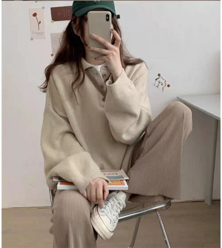 Sweater women's autumn and winter wear design sense polo collar shirt lazy loose off-shoulder cashmere sweater