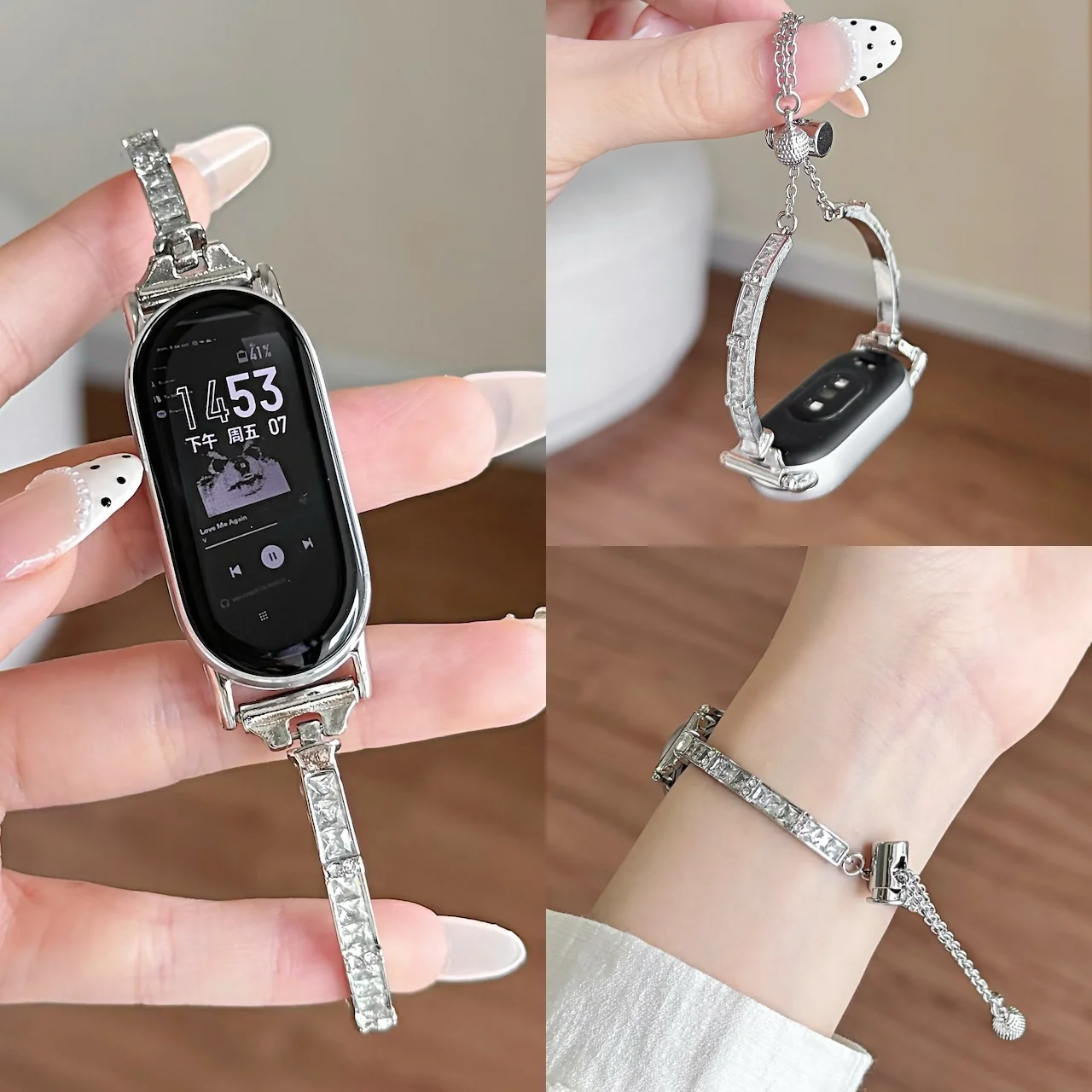 Zinc Alloy Square Zircon Bracelet For Xiaomi Band 8 9 10 8Pro 9Pro 10Pro Redmi Band 4 5 6 Bling Pull Chain Wrist Strap For Girls