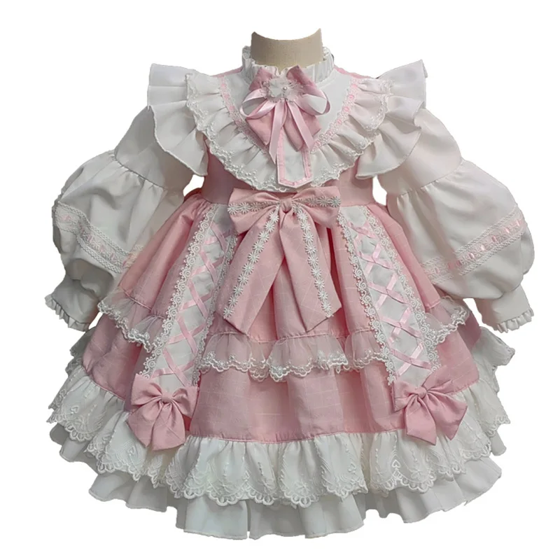 Girl Lolita Pink Dress Winter Kids Pink Layer Lace Party Dress Birthday Ball Gown Cute Princess Girl Clothes Wedding Vestidos