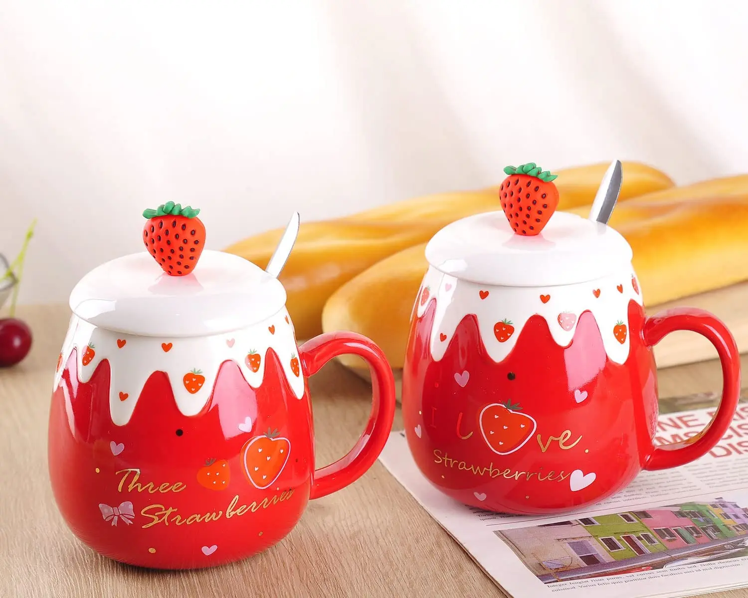 Strawberry Mug with Lid,Ceramic Mugs 450ML,Korean Kawaii Coffee Cups,Cute Breakfast Porcelain Mug for Woman,Student image 6
