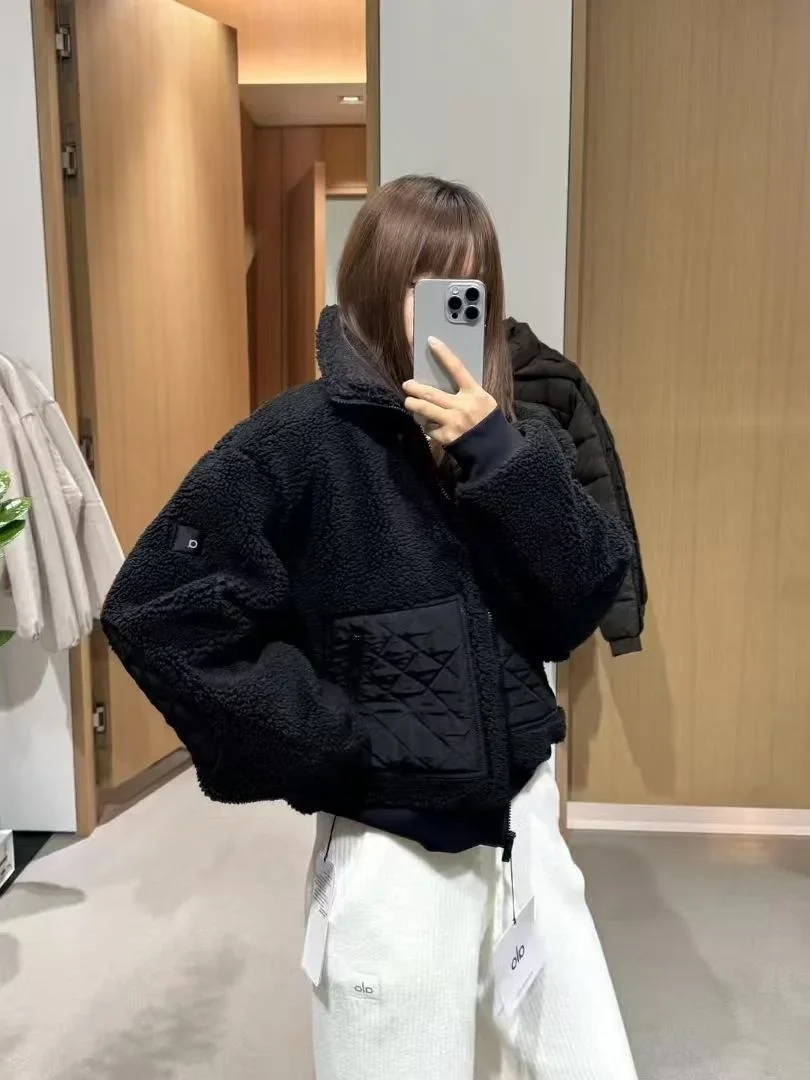 2026 Autumn/Winter Lamb Wool Stand Up Collar Splicing Zipper Thickened Warm Loose Coat