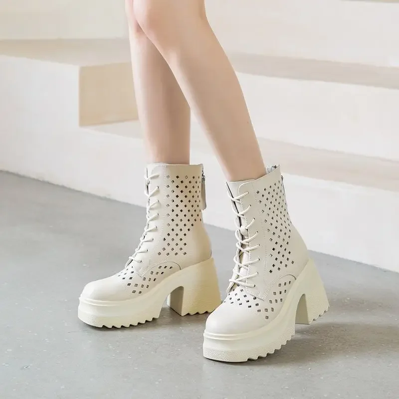 

10CM Women Shoes Luxury Genuine Leather Summer Boots for Woman Fashion Hollow Out Platform Ankle Boot Designer Shoes Botas Mujer
