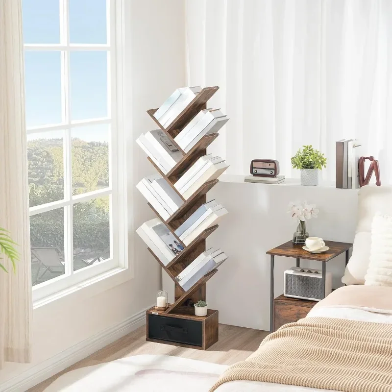 Tree 9-Tier Bookshelf with Drawer,  Floor Standing Bookcase, Utility Organizer Shelves for CDs/Books/Movies for Home Office