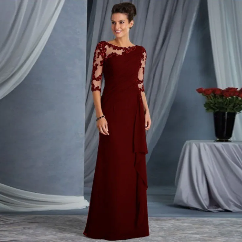 Damen-Kleid, lang, Spitze, Perspektive, Rundhalsausschnitt, mittlere Ärmel, Hochzeitskleid, neuer Stil