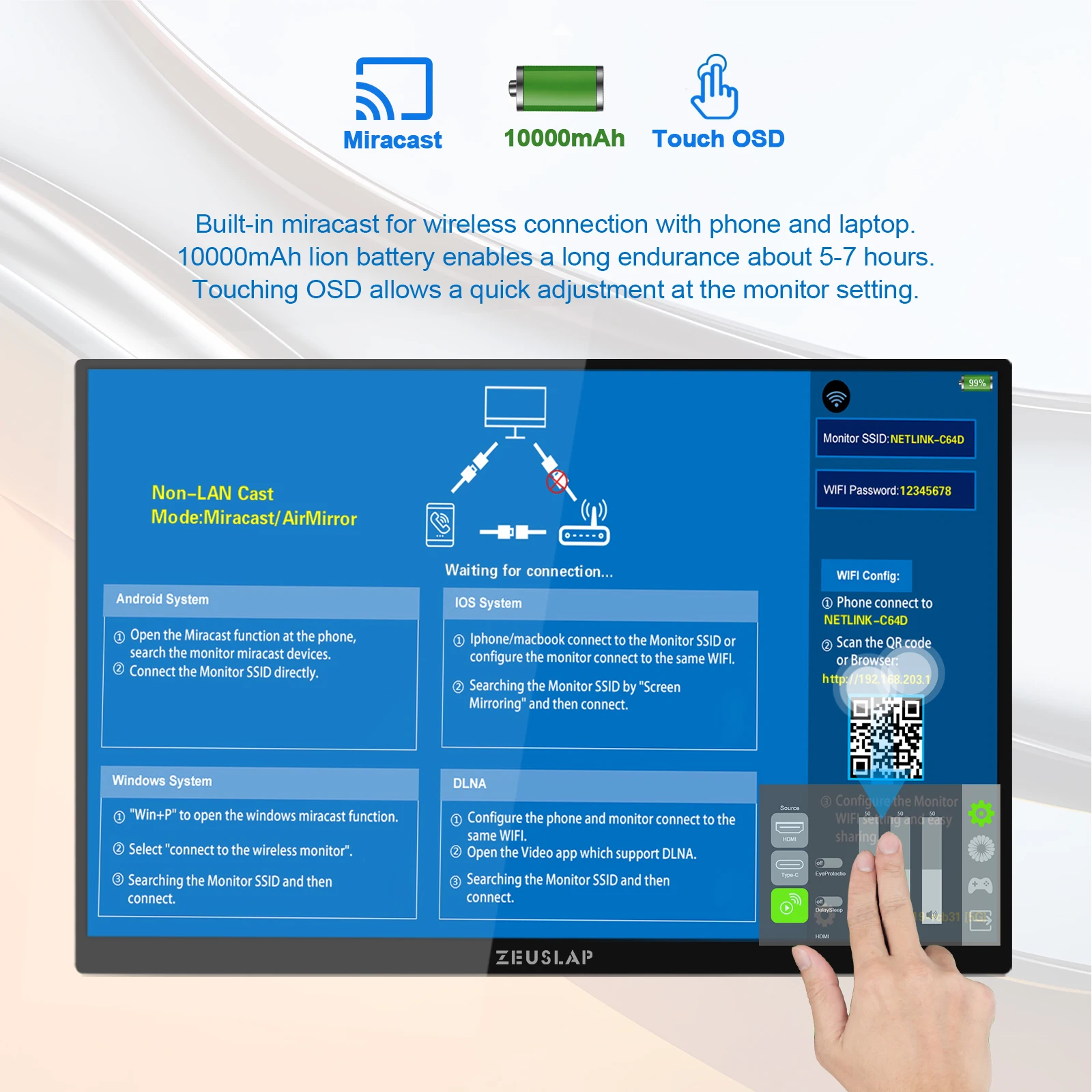 ZEUSLAP Monitor portatile Miracast wireless da 16 pollici Funzione touch Estendi lo schermo per il telefono portatile PS5 Xbox con batteria