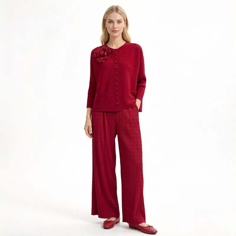 

Miyake Pleated New 2026 Set Two-Piece Casual Stylish Retro Ruffled Long Sleeve Fashion Top with Draped Versatile Flared Pants
