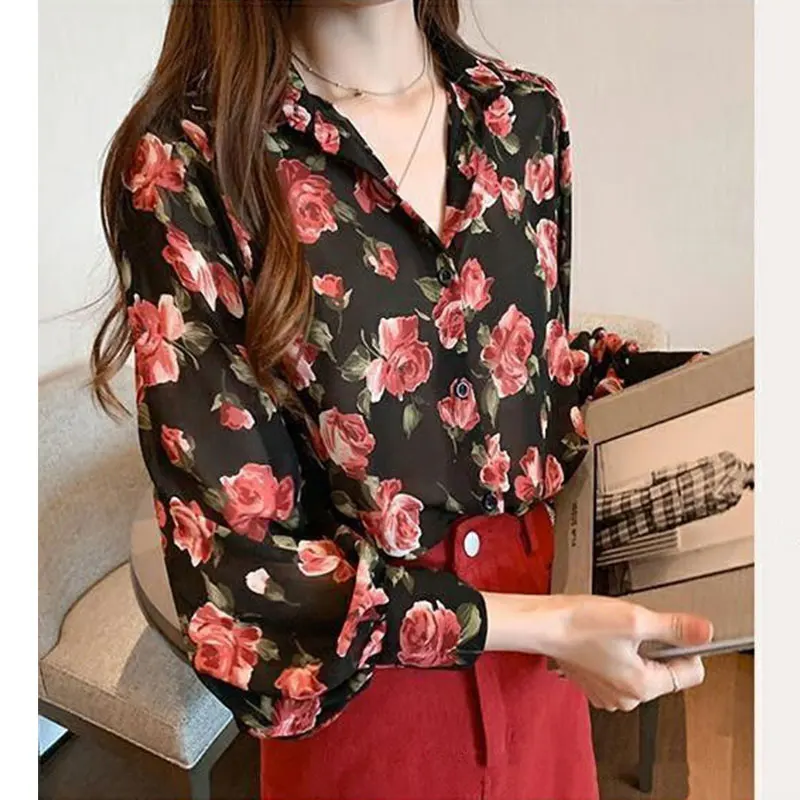 Women Clothing Fashion Casual Loose Simplicity Printing Long Sleeve Women's Shirts Summer All-match Elegant Temperament Tops