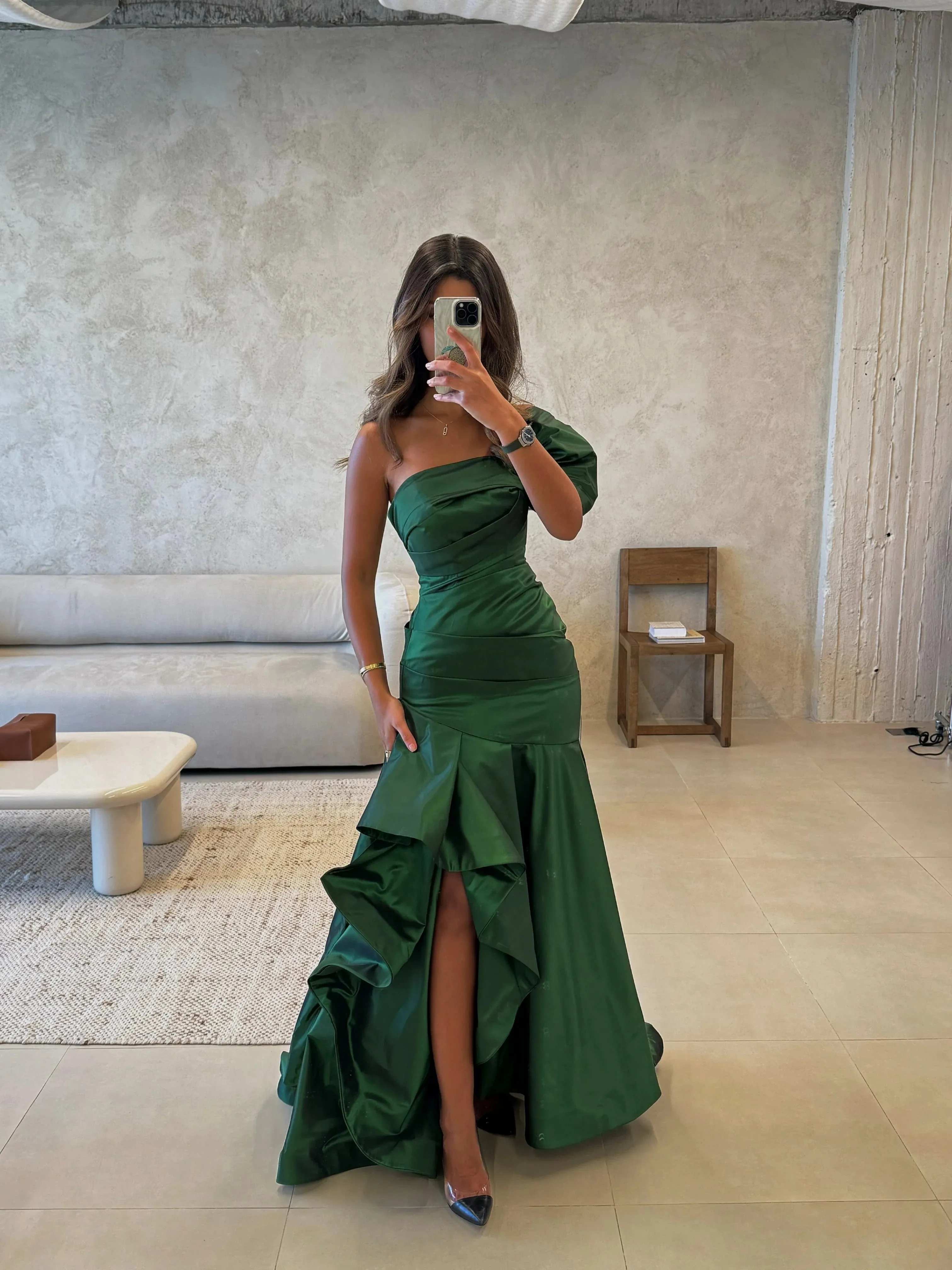 Elegant Party Dresses 2026 Satin Mermaid Sharon's Collection Of Evening Dresses One Shoulder Ruffle High Slit Prom Dresses