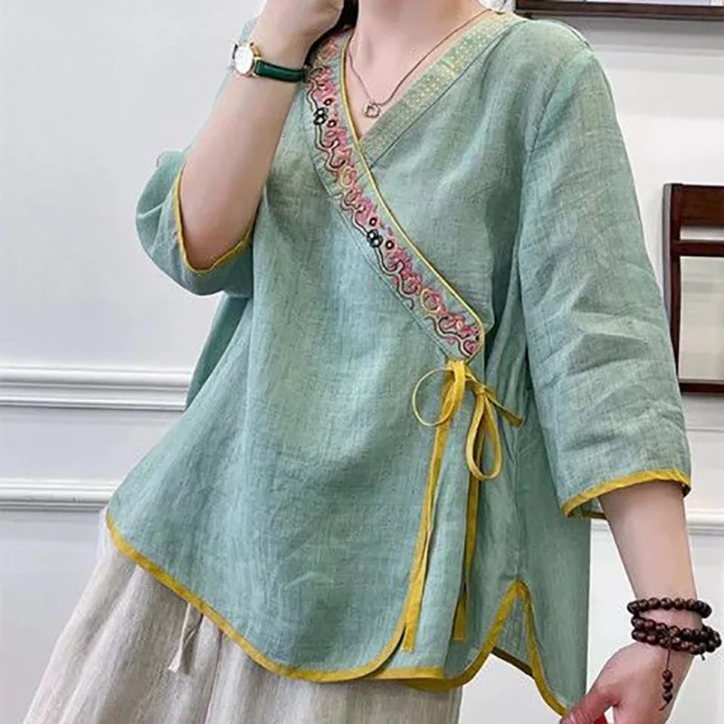 New V-neck retro Chinese style embroidered cotton and linen short sleeved T-shirt for women's summer tie loose tea jacket top