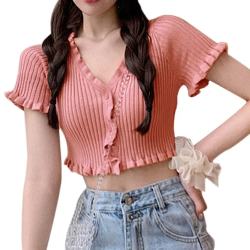 Women\'s Fashion V-neck Button Down Ruffled Crop Short Section Knitted Short Sleeved Cardigan Crop Tops