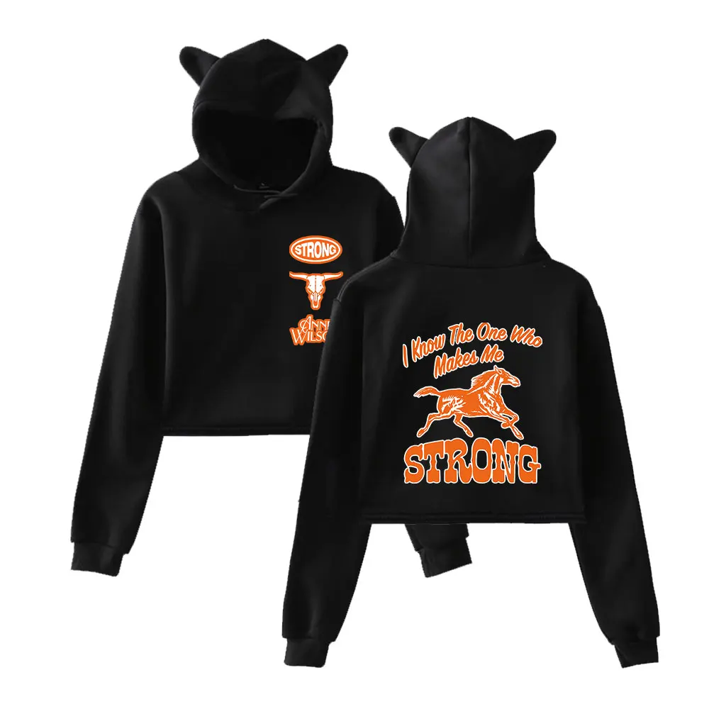 Anne Wilson Rebel Strong Cat Ear Hoodie Women Long Sleeve Cropped Sweatshirts Female Casual Streetwear Crop Tops