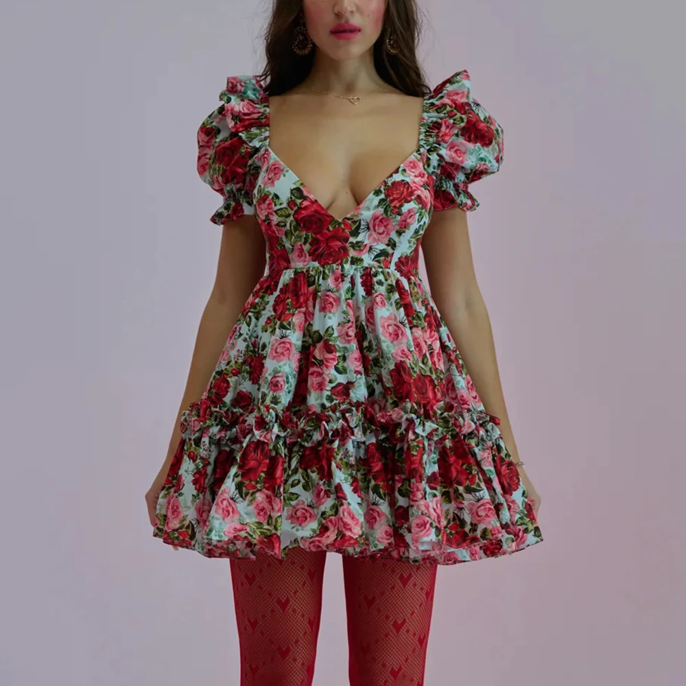 TWOTWINSTYLE Colorblock Spliced Printing Elegant Dresses for Women V Neck Short Sleeves Patchwork Folds Dress Female Clothing