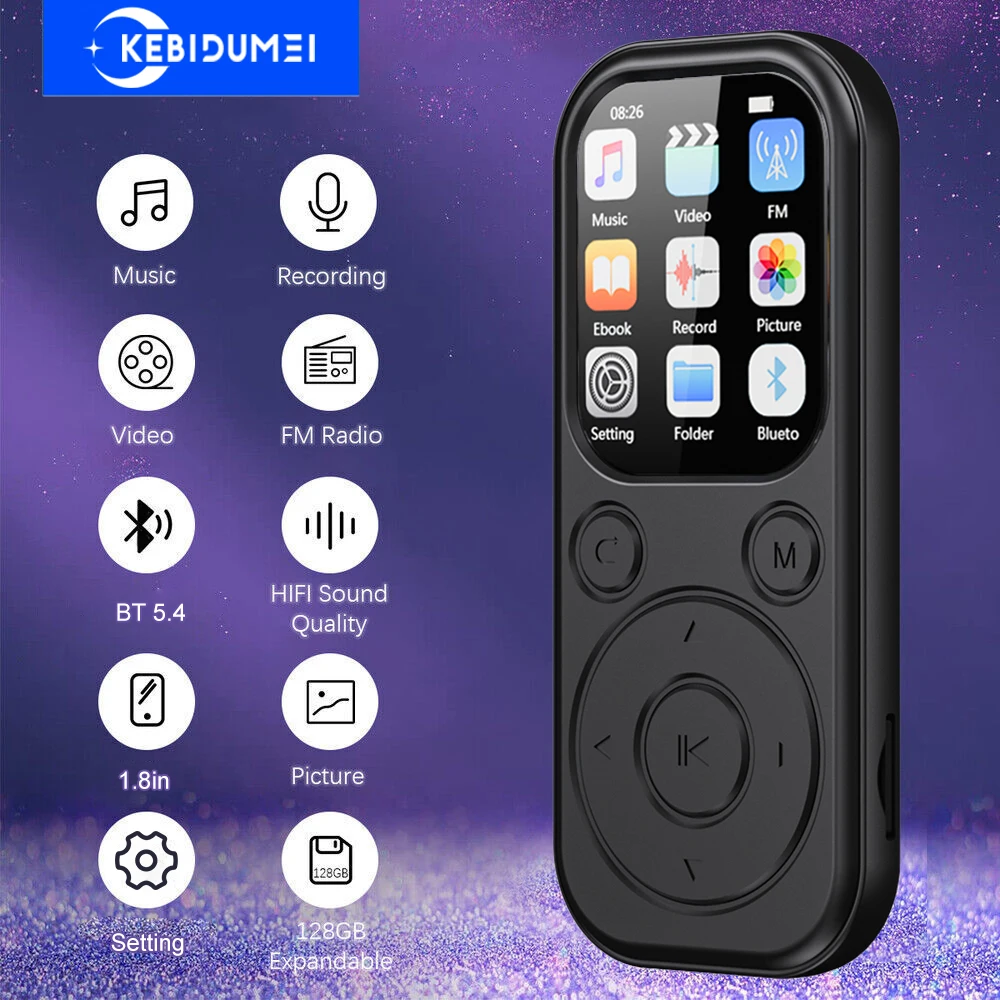 Bluetooth 5,4 MP3-плеер 1,8-дюймовый экран Портативный музыкальный аудиоплеер Поддержка TF FM-радио Запись видео с изображением для гарнитур
