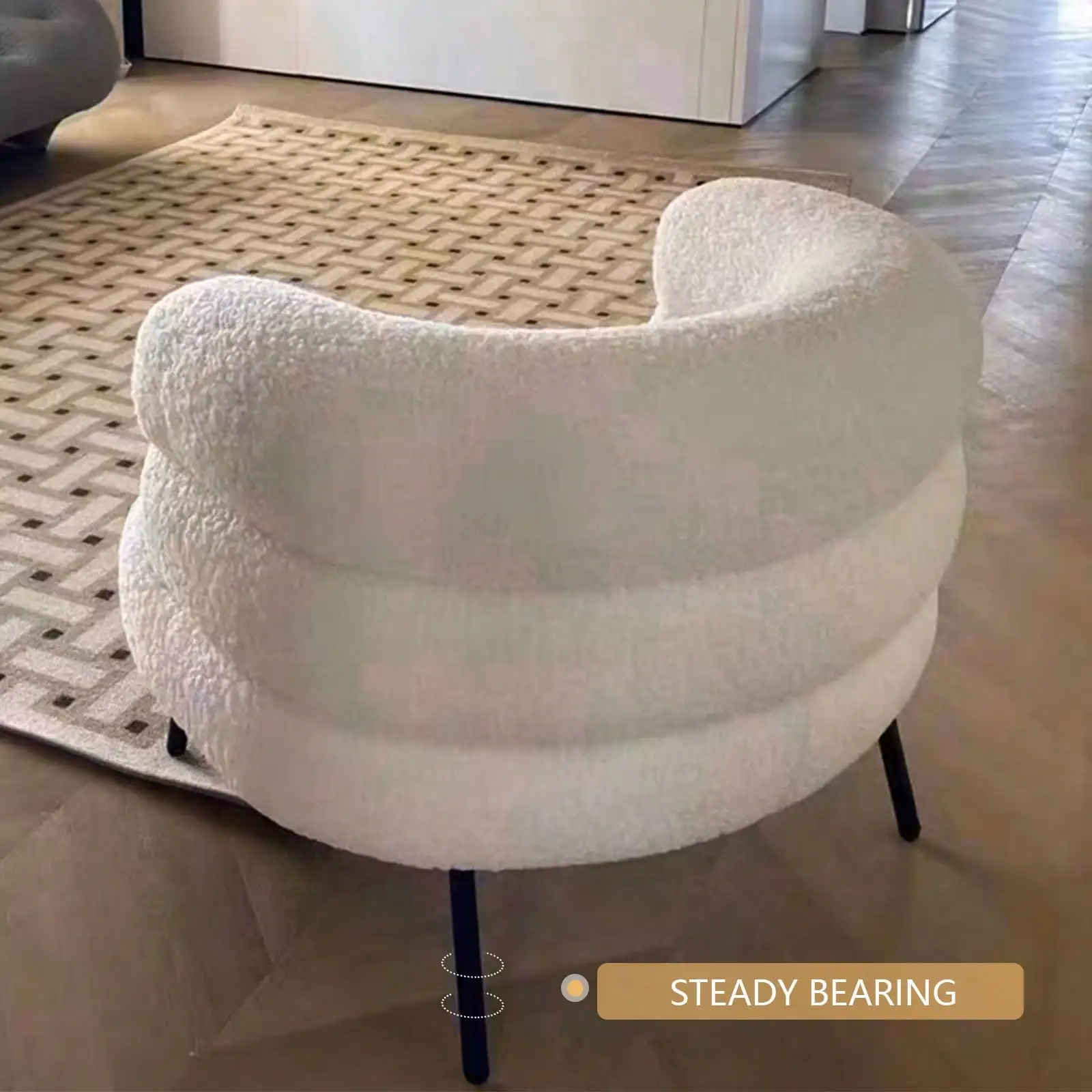 White Upholstered Makeup Chair With Back For Women, Cozy Lambswool Accent Chair For Vanity Table, Living Room, Study Or Bedroom