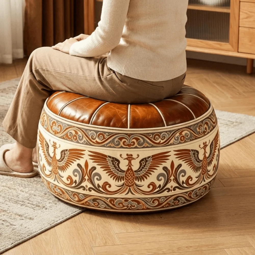Retro Ethnic Style Sofa Stool Cover Phoenix Pattern PU Leather Round Footstool Cover Space Saving Foldable Storage Ottoman
