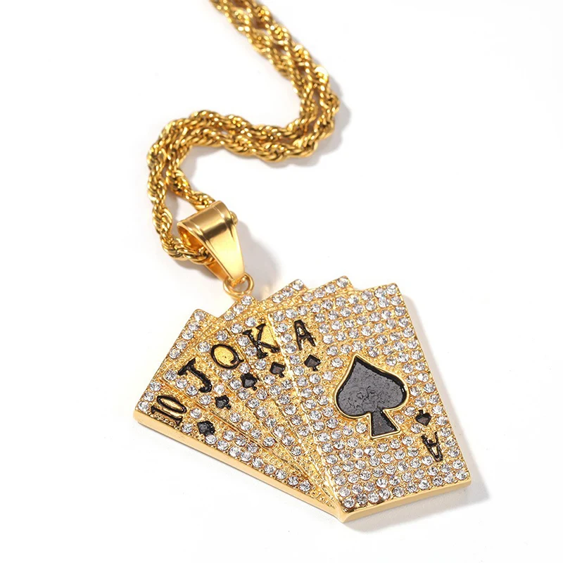 Hip Hop Rhinestones Paved Bling Iced Out Stainless Steel Poker Straight Flush Square Pendants Necklace for Men Rapper Jewelry