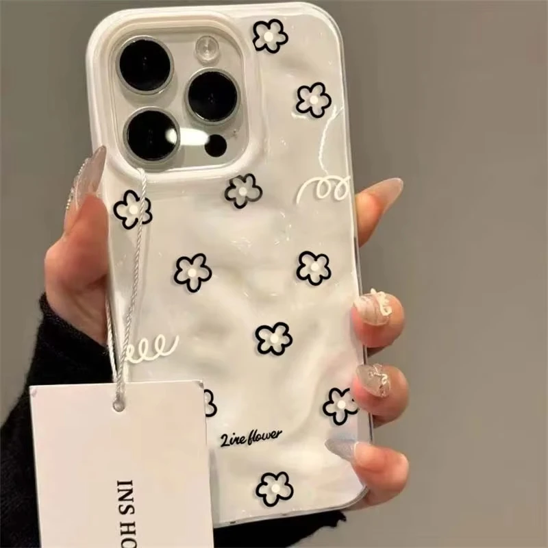 لطيف الأسود خط زهرة الكرتون الكورية قضية الهاتف آيفون 16 15 14 زائد 13 12 11 برو ماكس طيات الملمس Kawaii لينة غطاء حالات #4