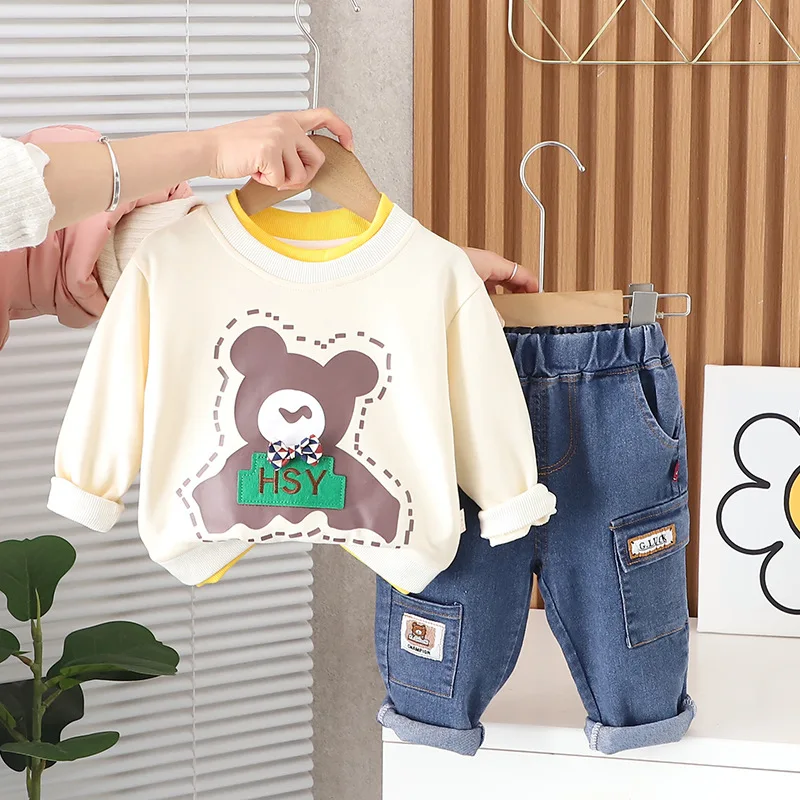 

2024 New Spring Baby Boy Clothes 1 to 5 Years Causal Cartoon O-neck Pullover Long Sleeev T-shirts and Pants Kids Boys Outfit Set