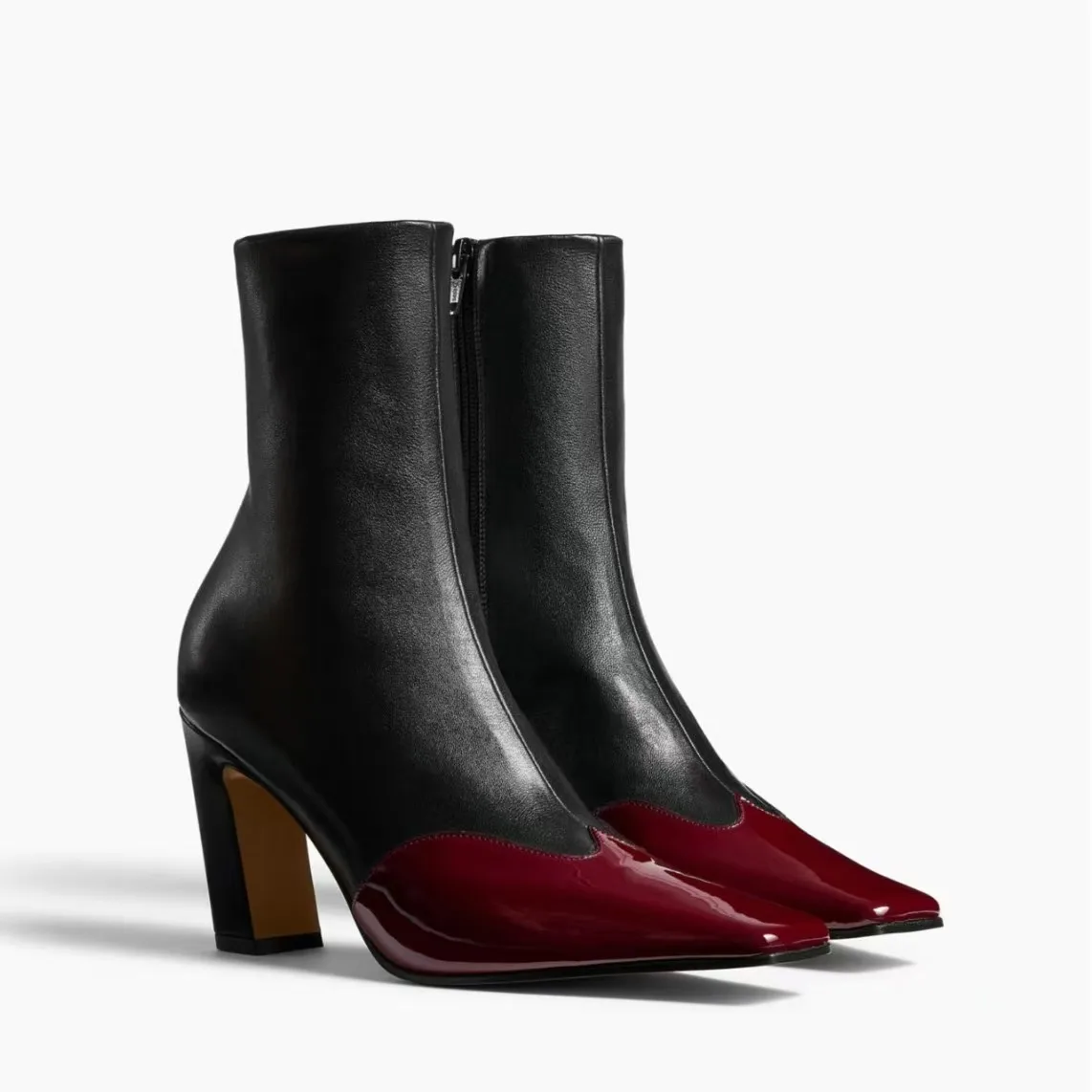 Ladies Short Ankle Boots Mix Color Matte Burgundy Patent Upper Point Toe Botas De Mujer Block Heel Side Zip Fashion Botties