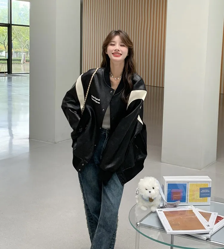 Baseballjacken Leder Damenmode Ärmel Softshell-Taschen Retro Langarm Kpop Life Fishbone Prints Beflockung Fleeced