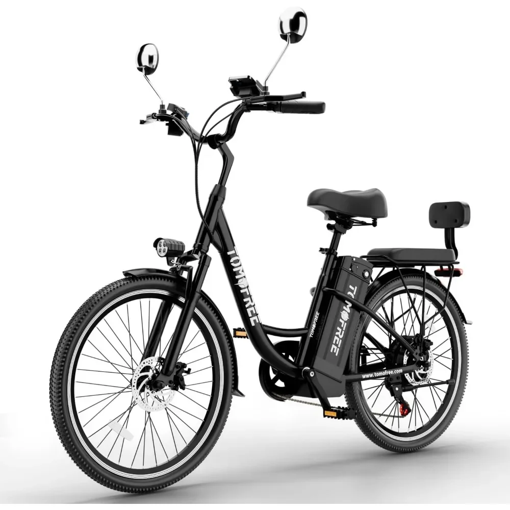 Step Through Ebike for Adults, 7 Gears, 50 Miles, 24in Beach Cruiser Ebike, Cityscape Electric Bike, 22MPH Back Seat Rear Mirror