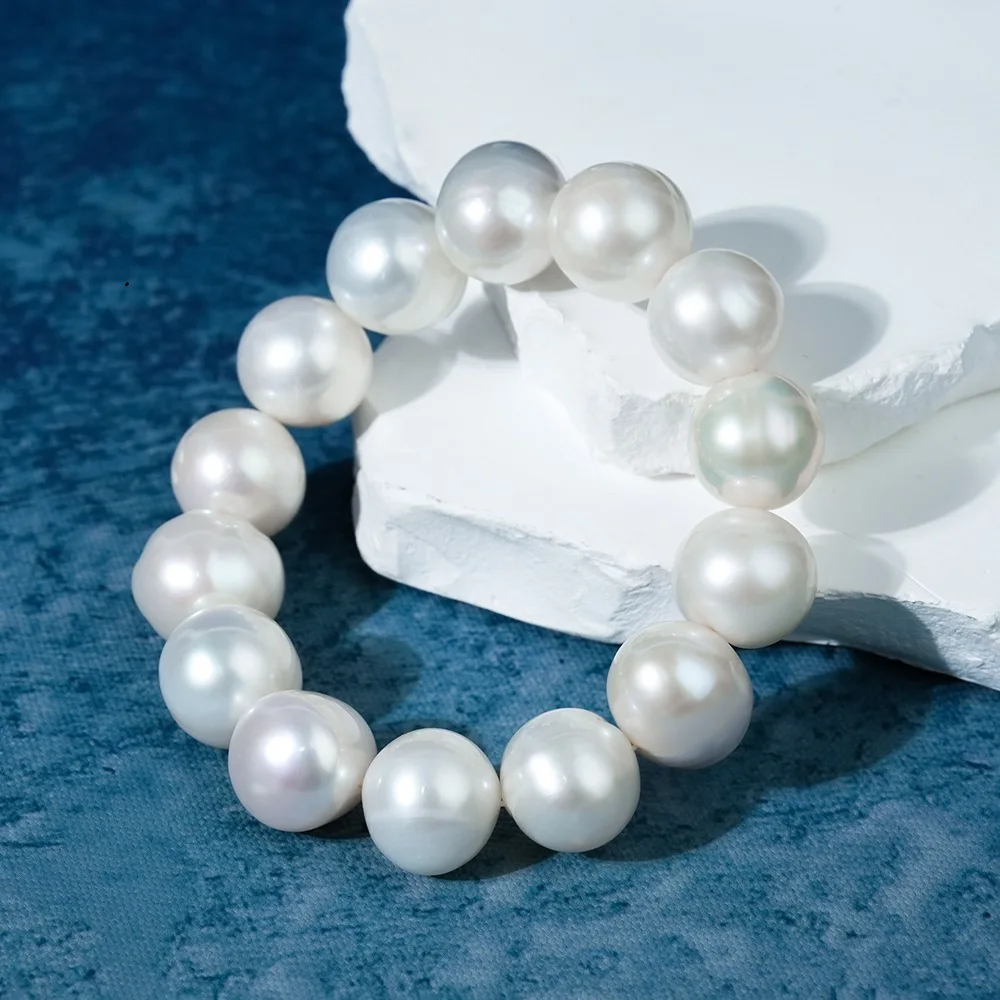 Large grained pearl AAA13-14mm natural Japanese white pearl elastic bracelet 19cm