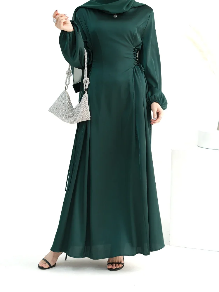 Eid Muslim Dress for Women Turtleneck Satin Slim Fit Morocco Party Dresses Ramadan Lace-up Vestidos Largo Dubai Arab Long Robe